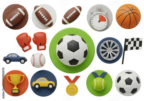 Collection of sports equipment and symbols on a transparent background