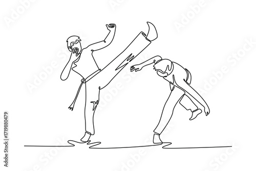 Single continuous line drawing dynamic Capoeira exchange, with one person delivering powerful high kick and the other figure gracefully evading motion. One line draw graphic design vector illustration