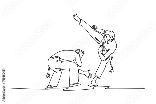 Single continuous line drawing two men engaged in a Capoeira confrontation, with one performing a high kick and the other crouching to evade. Dynamic one line draw graphic design vector illustration