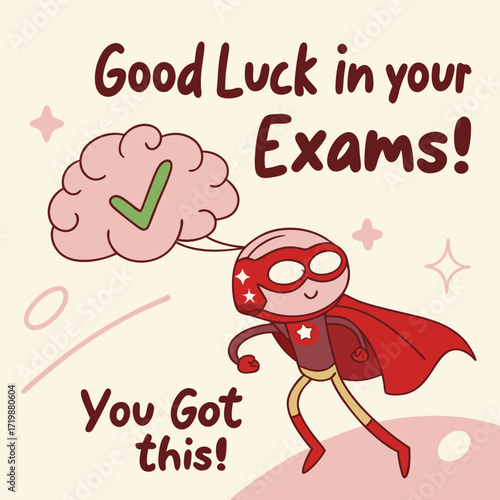 Good luck on exams encouragement and motivation for students with superhero and brain power illustration