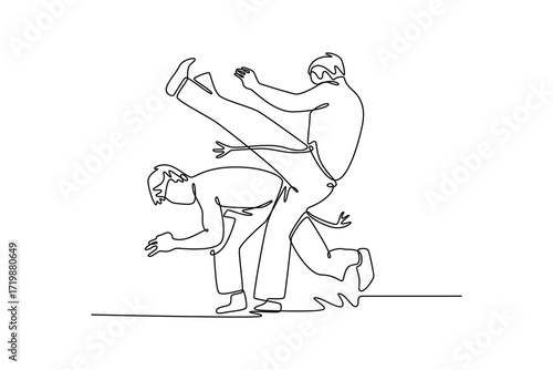 Single continuous line drawing two men engaged in dynamic Capoeira match, with one performing a high kick and the other gracefully dodging the attack. One line draw graphic design vector illustration
