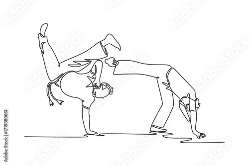 Single continuous line drawing two people in complex Capoeira routine, one balancing on their hands while the other holds a low, fluid stance. Dynamic one line draw graphic design vector illustration
