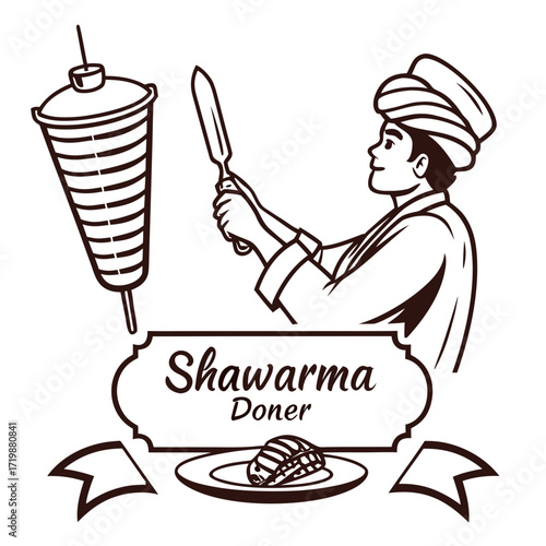 Chef preparing shawarma or doner kebab with meat and traditional knife in a restaurant ready to serve delicious middle eastern cuisine