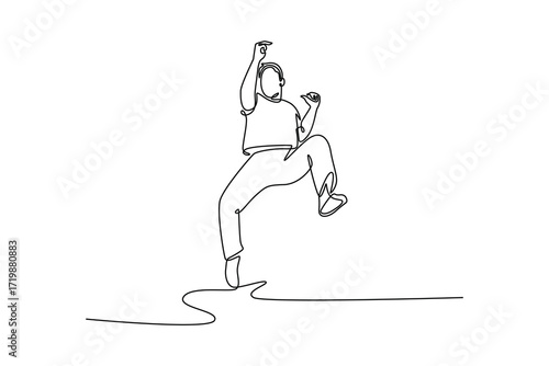 Single one line drawing man mid-jump, executing energetic Capoeira move with one leg raised, conveying sense of celebration and powerful motion. Continuous line draw design graphic vector illustration