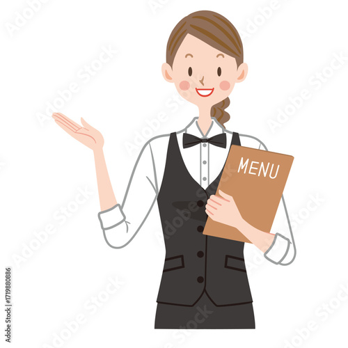 メニュー表を持つカフェの店員のイラスト　喫茶店の店員
