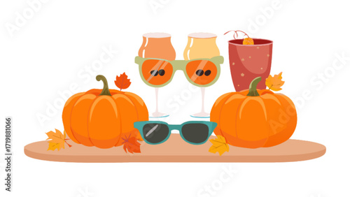 Autumnal pumpkins and sunglasses still life illustration for thanksgiving and halloween decor use