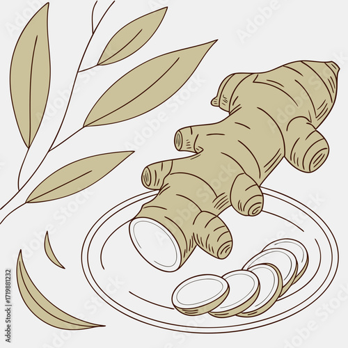 Fresh ginger root and leaves on plate offering natural wellness and healthy lifestyle benefits for culinary and health themes
