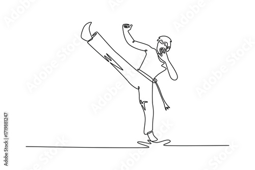 Single one line drawing active man delivers powerful high kick while shouting, highlights the action, energy, and intensity of Capoeira. Modern continuous line draw design graphic vector illustration