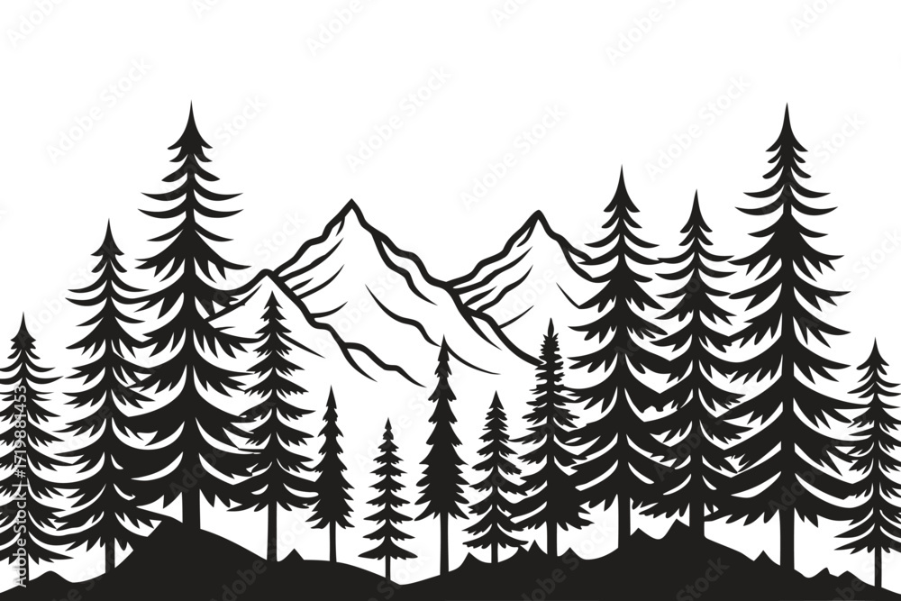 Obraz premium Vector Illustration of Trees and Forest Silhouette, Nature Landscape Design, Outdoor Hiking Concept, Wild Woodland Scene, Minimal Natural Background, Adventure Graphic Art