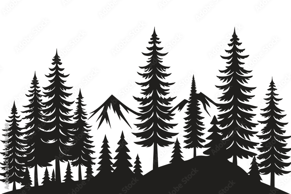 Obraz premium Vector Illustration of Trees and Forest Silhouette, Nature Landscape Design, Outdoor Hiking Concept, Wild Woodland Scene, Minimal Natural Background, Adventure Graphic Art