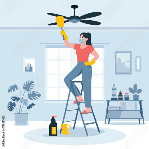 Woman cleaning ceiling fan with duster while standing on ladder in the room