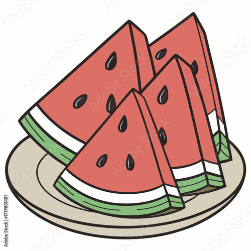 Fresh watermelon slices on a plate, a summer treat ideal for healthy eating and picnic designs and illustrations, originally a vector graphic