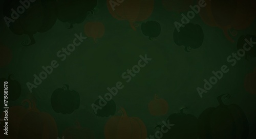 Dark green background with orange and green pumpkin silhouettes around