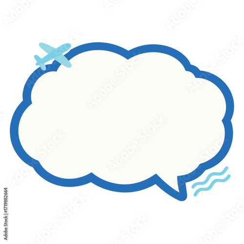 Blue striped speech bubble with a small cartoon airplane flying, on a pure white background.