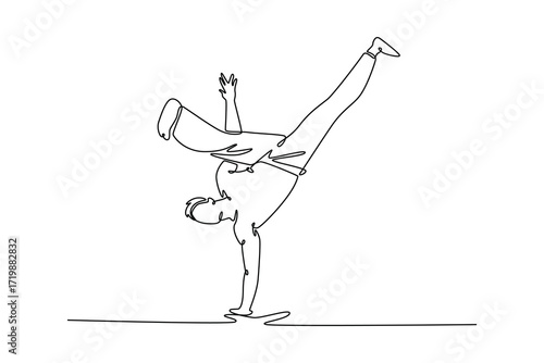 Continuous one line drawing man athlete in dynamic handstand, balancing on one hand with bent knees in fluid Capoeira pose that emphasizes strength. Single line draw design vector graphic illustration