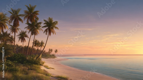 Tropical beach sunset Palm trees sandy shore calm ocean sky nature summer