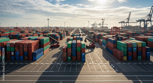 Wallpaper Mural A massive port with thousands of shipping containers
An expansive, high-angle view of a bustling shipping port on a clear day. Thousands of multi-colored containers are stacked in neat rows, with larg Torontodigital.ca