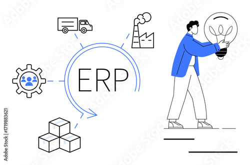ERP concept with gear, truck, factory, and product icons, man holding a light bulb. Ideal for business strategy, logistics, supply chain, innovation manufacturing team management simple flat