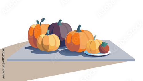 Still life painting of pumpkins and tomato for halloween and thanksgiving decoration and autumn harvest
