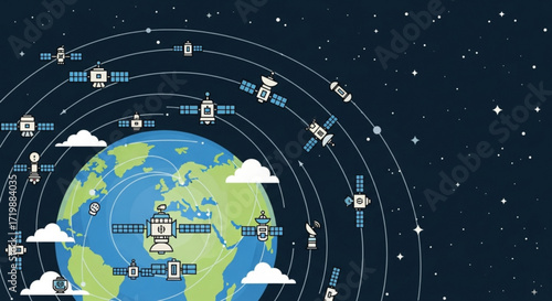 Global communication network with satellites orbiting earth, illustrating interconnectedness, technology, and worldwide connectivity for business and science