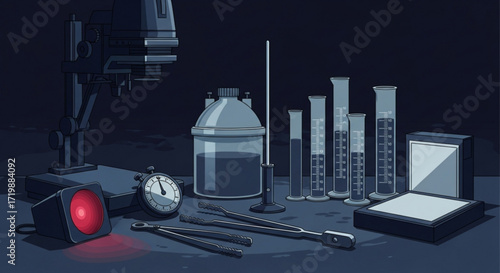 Illustration of a darkroom setup with an enlarger, timer, beakers, and other equipment used for developing film, creating a nostalgic and artistic atmosphere