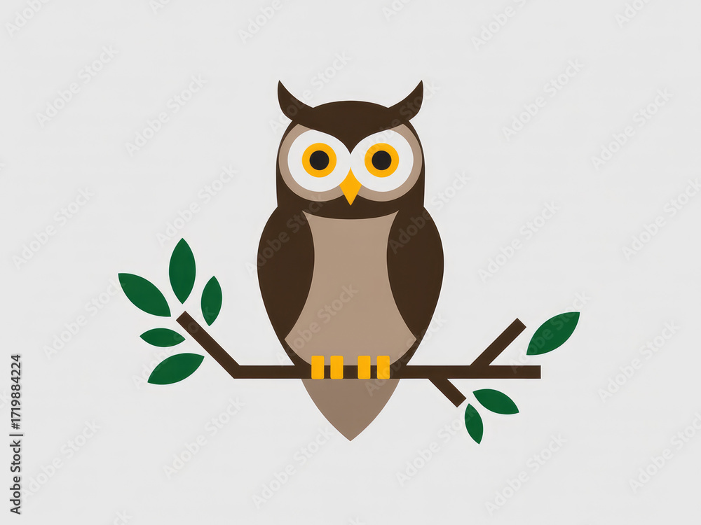 Obraz premium Cute cartoon owl illustration sitting on branch, wise bird character with big eyes, flat vector animal design for education, children’s books, stickers, logos, nature and wildlife themed projects
