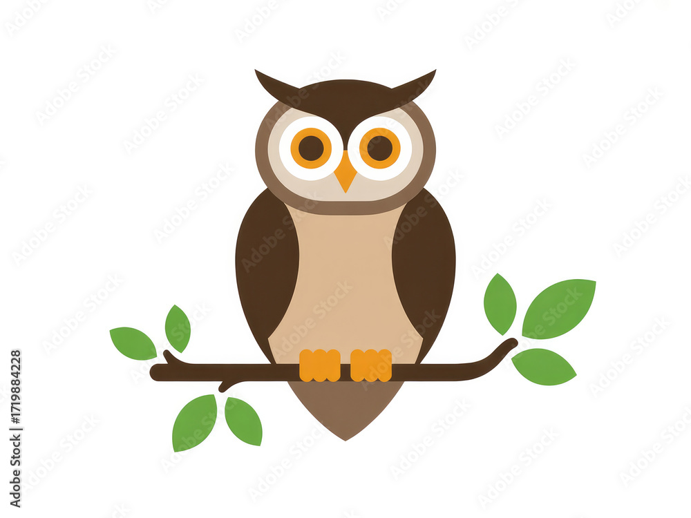 Obraz premium Cute cartoon owl illustration sitting on branch, wise bird character with big eyes, flat vector animal design for education, children’s books, stickers, logos, nature and wildlife themed projects