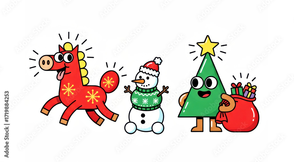 Fototapeta premium Festive Cartoon Characters: Horse, Snowman, and Christmas Tree with Gifts. Christmas or New Year concept
