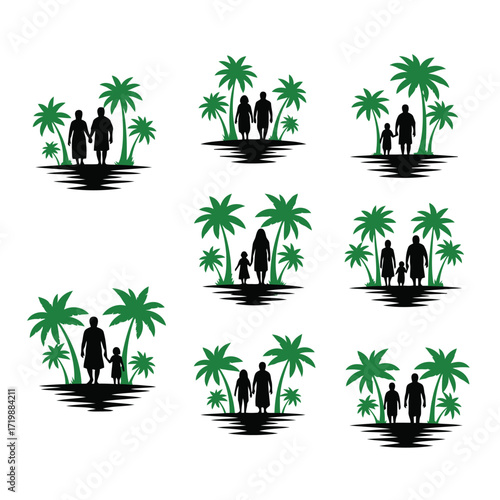 Vector art of silhouettes of families with palm trees on