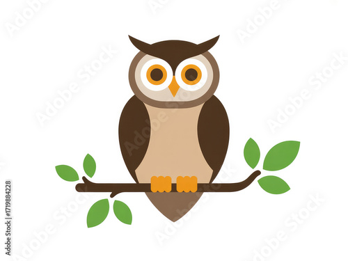 Cute cartoon owl illustration sitting on branch, wise bird character with big eyes, flat vector animal design for education, children’s books, stickers, logos, nature and wildlife themed projects