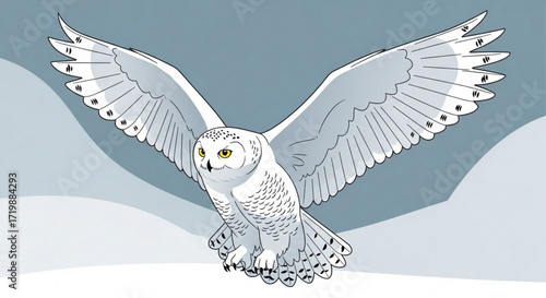 Illustration of a snowy owl in flight, showcasing its white plumage and wide wingspan against a cooltoned background, perfect for wildlife or nature themes