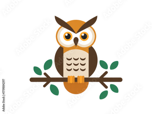 Cute cartoon owl illustration sitting on branch, wise bird character with big eyes, flat vector animal design for education, children’s books, stickers, logos, nature and wildlife themed projects