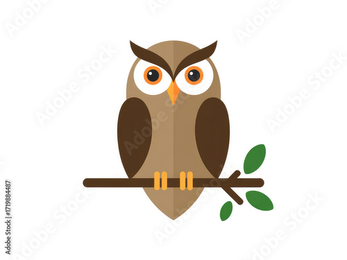 Cute cartoon owl illustration sitting on branch, wise bird character with big eyes, flat vector animal design for education, children’s books, stickers, logos, nature and wildlife themed projects