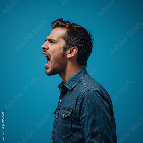 Man standing profile sideways shouts loudly, facial expression of anger, isolated over blue background