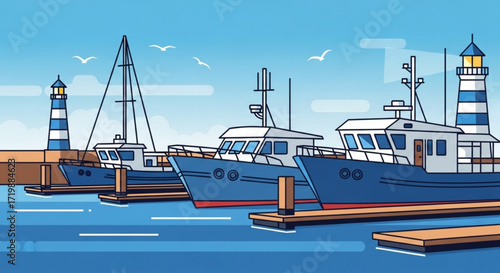 A serene harbor scene unfolds with boats docked peacefully, lighthouses standing tall, and seagulls soaring above, capturing the essence of maritime tranquility
