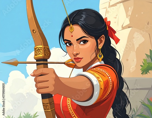 Young woman aiming bow and arrow