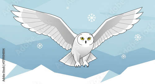 Illustration of a snowy owl flying with its wings spread wide against a blue background with snowflakes, symbolizing winter and arctic wildlife