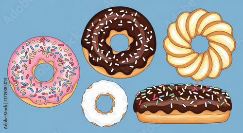 A collection of colorful donuts with different toppings and shapes on a blue background, perfect for illustrating sweets and treats