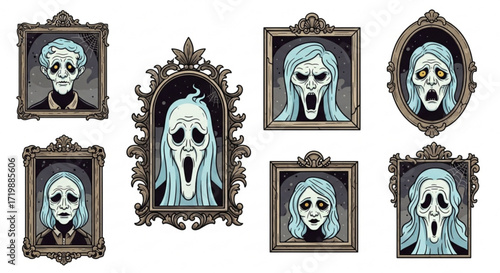 Spooky haunted portraits a collection of eerie ghost portraits in ornate frames, perfect for halloween or gothicthemed designs and decorations