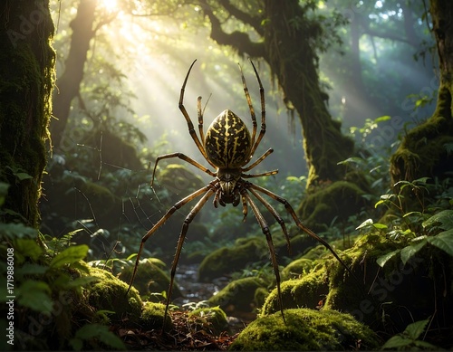Large spider in a lush forest at dawn