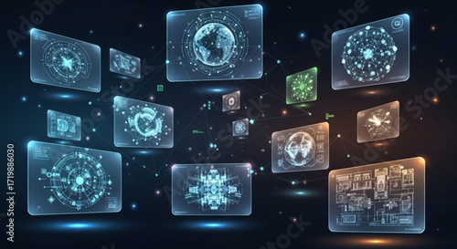 Futuristic interface with glowing screens displaying data visualizations, creating a hightech and interconnected atmosphere for technology concepts