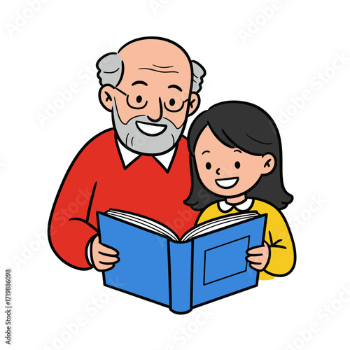 Grandfather and granddaughter reading together and smiling happily  