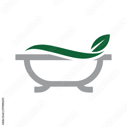 Green leaf emerging from grey mortar and pestle logo symbol vector
