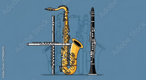 A harmonious ensemble of musical instruments, including a flute, saxophone, and clarinet, arranged in a visually appealing composition