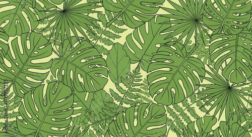 A lush and vibrant seamless pattern featuring an array of tropical leaves, creating a natural and exotic background for various design projects