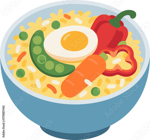 Minimalist Fried Rice Bowl Vector with Egg and Colorful Vegetables – Asian Food