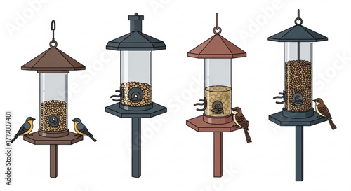 Illustration of four bird feeders with birds, each feeder is a different color and design, and the birds are perched on the feeders