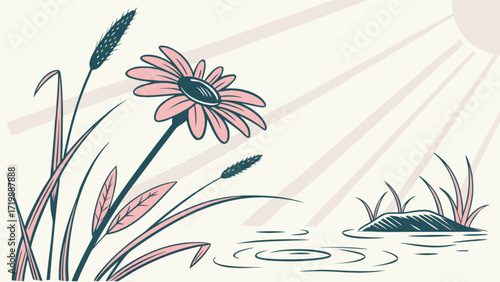 Beautiful daisy flower in bloom by the lakeside with sun rays nature scene vector illustration