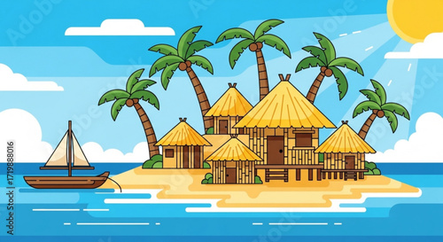 Idyllic tropical island paradise with palm trees, traditional huts, and a sailboat on a sunny day, creating a serene and inviting vacation destination