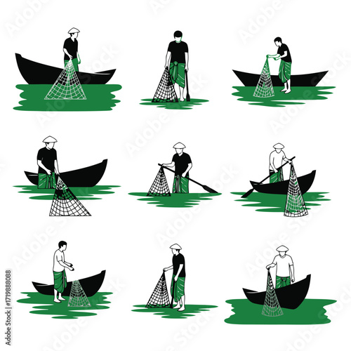 Vector art of fisherman casting a net from a boat in different poses